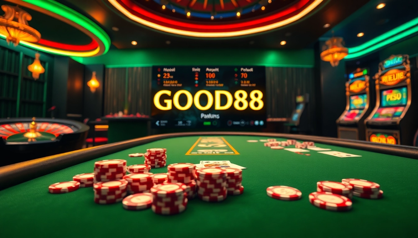 Exciting online casino scene featuring GOOD88 with poker chips and cards on a virtual table.