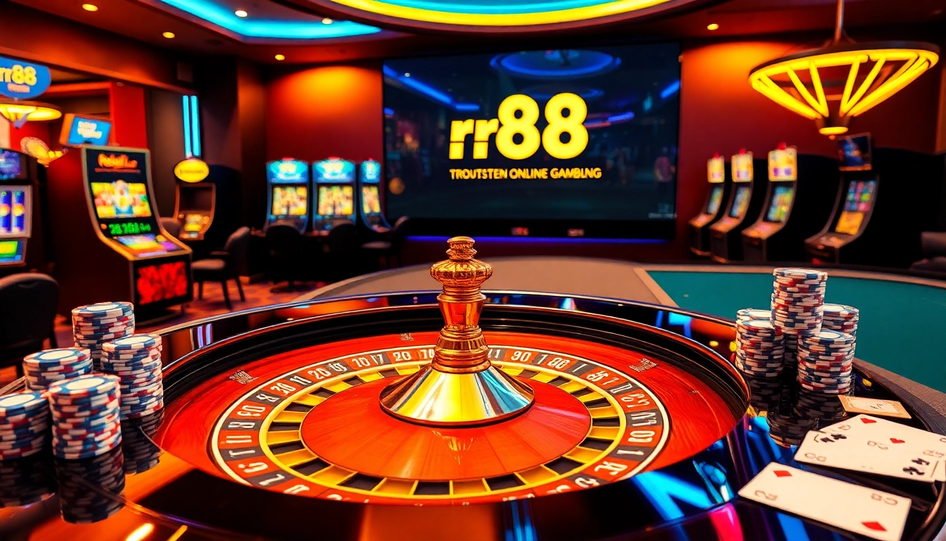 rr88 showcases an exciting casino scene with roulette, poker chips, and slot machines, encapsulating luxury and thrill.