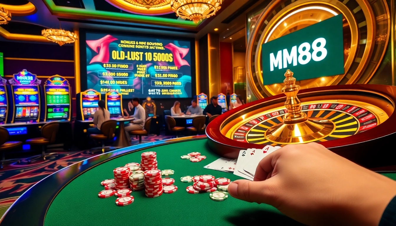 Experience the thrill of MM88 with an exciting casino scene featuring poker, slots, and roulette.