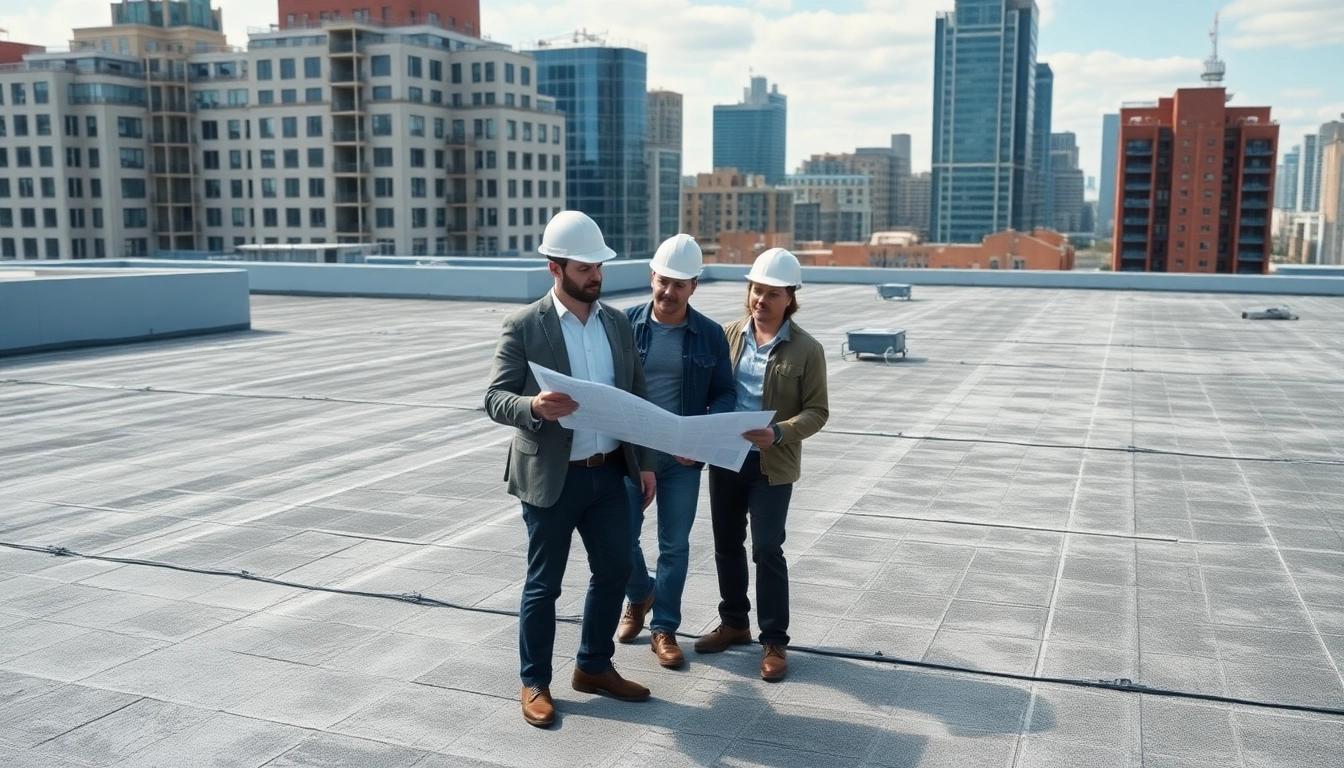 Flachdach Abdichtung Planung mit Bauarbeitern, die Baupläne auf einer Baustelle besprechen.
