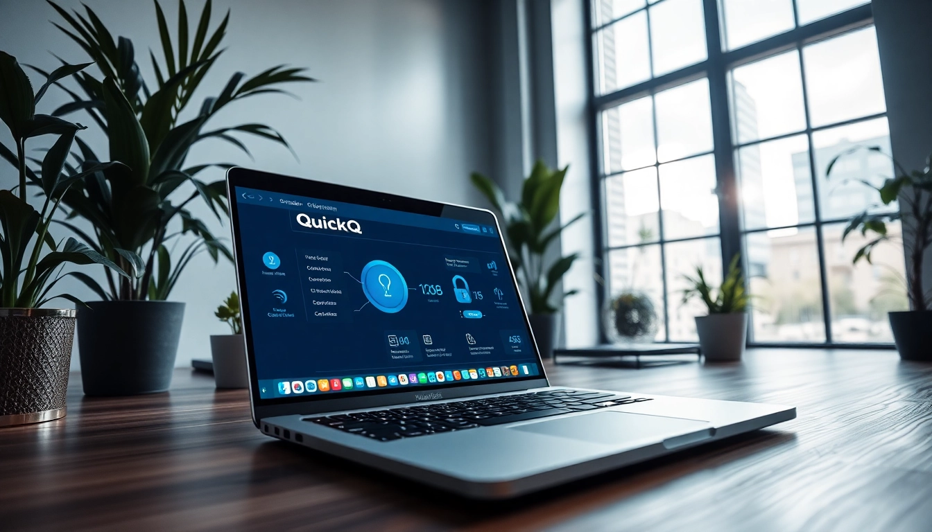 在温馨工作环境中的笔记本电脑上显示的 QuickQ官网用户界面，突出全球互联。