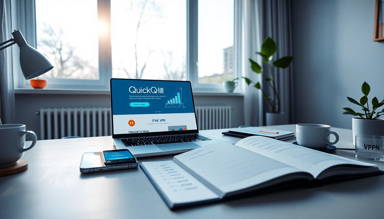 现代家庭办公室场景，笔记本电脑上显示 QuickQ官网，象征安全的互联网浏览。