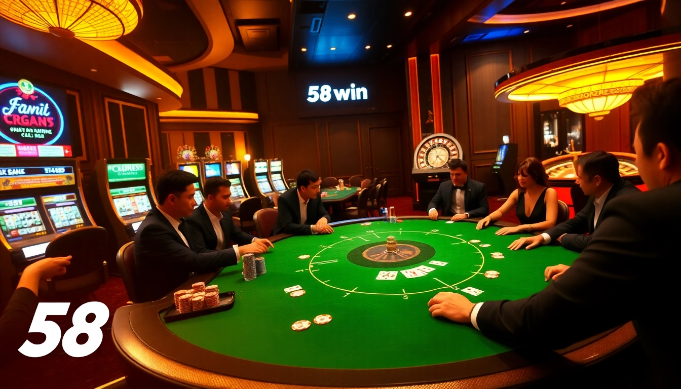 Players engaging in a thrilling poker game at 58win's luxurious casino.