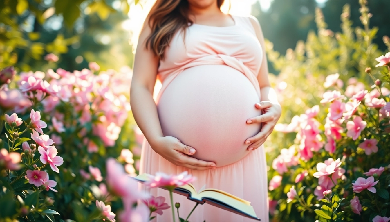 Schwangerschaftsfotografie mit einer werdenden Mutter in einem Blumenfeld, das liebevoll ihr Babybauch hält.