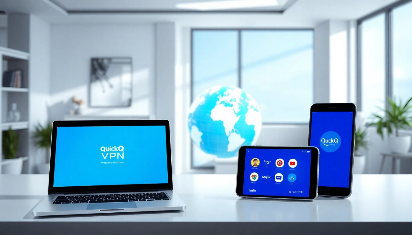 在现代工作空间中多设备展示的 QuickQ官网 VPN 应用，突出安全性与全球访问