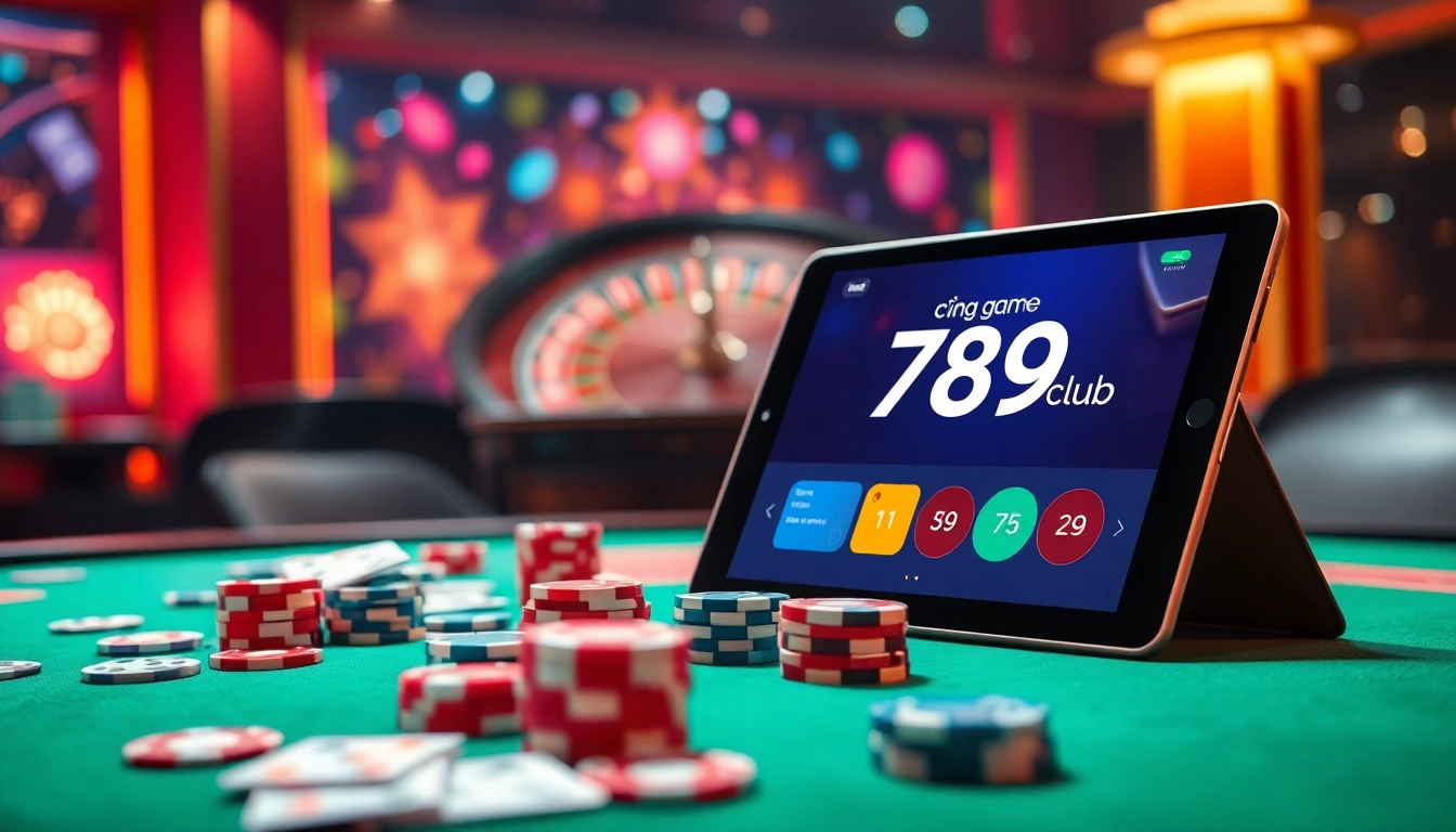 Cổng game 789club featuring an exciting casino table with poker chips and cards embodying thrilling gambling action.