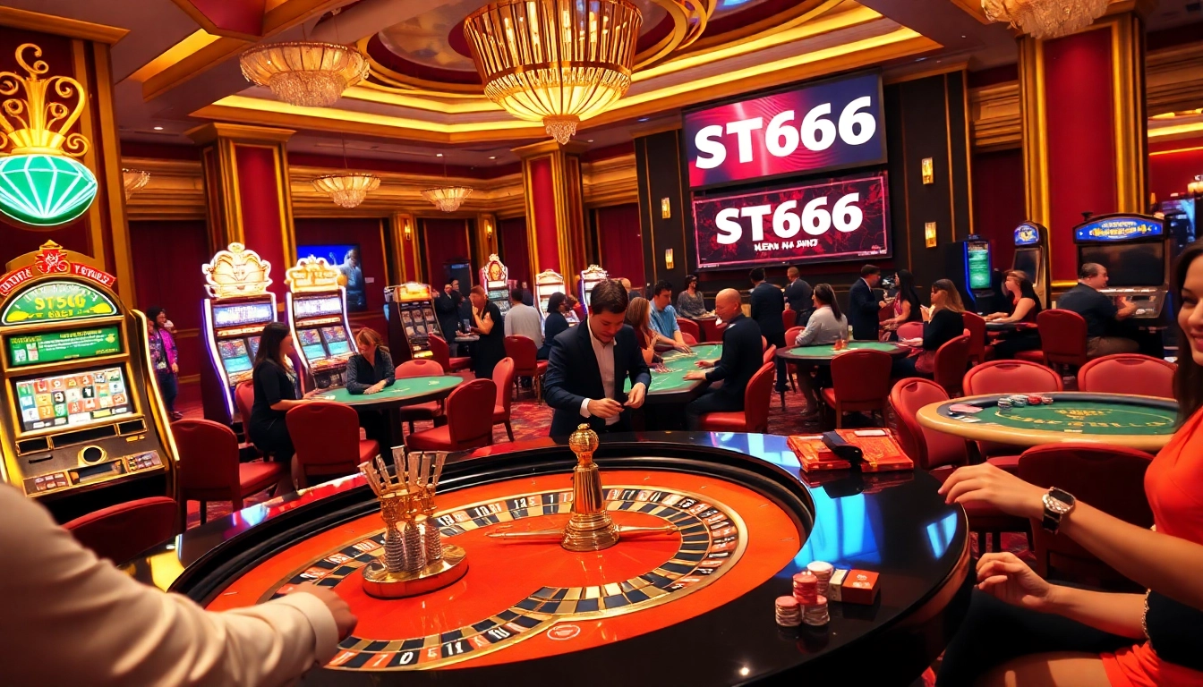 Experience thrilling moments playing ST666 at an upscale casino with vibrant games and energetic players.