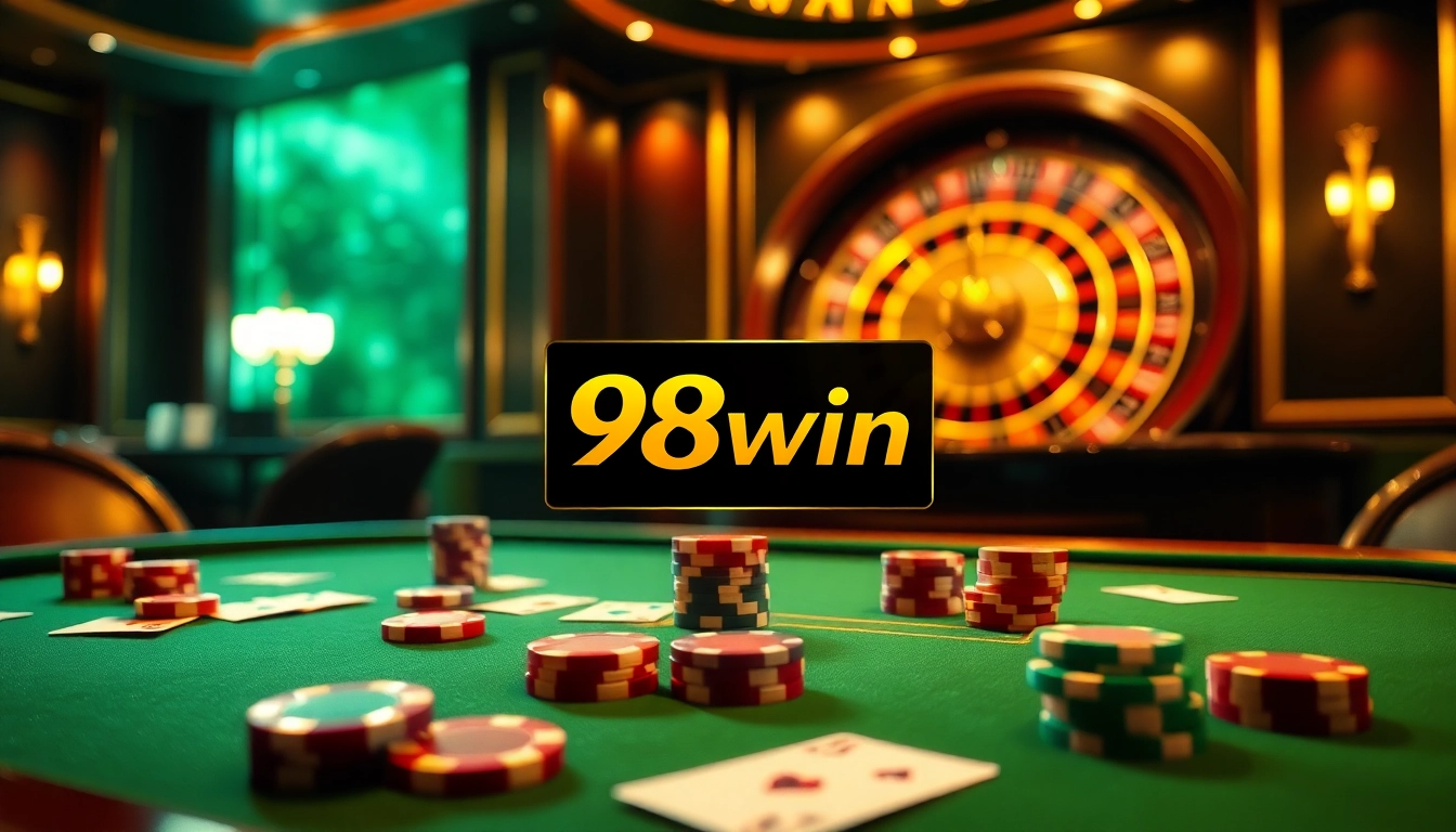 Engaging scene showcasing game 98win at a luxurious casino table with cards and chips, capturing the thrill of gambling.