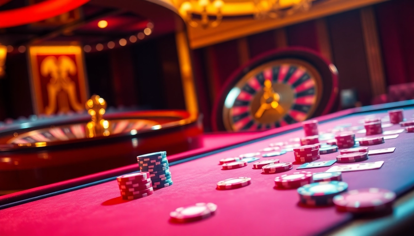 Exciting casino table scene emphasizing giải mã kèo nhà cái with vibrant poker chips and cards.