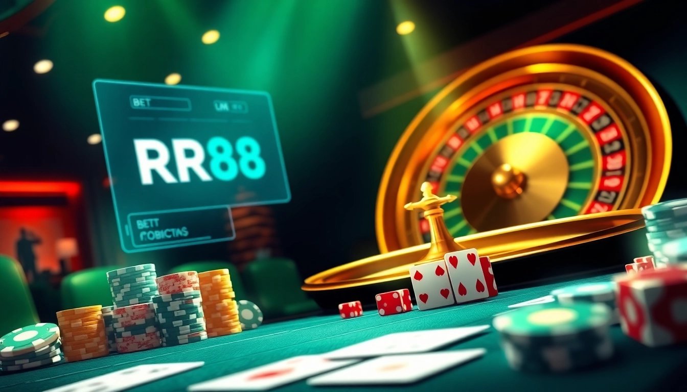 Experience thrilling gameplay at RR88 with a vibrant casino scene featuring poker chips and a roulette wheel.