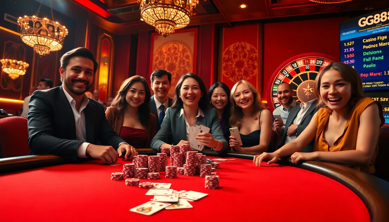 Excited gamblers at a luxurious GG88 poker table, featuring cards and vibrant chips.