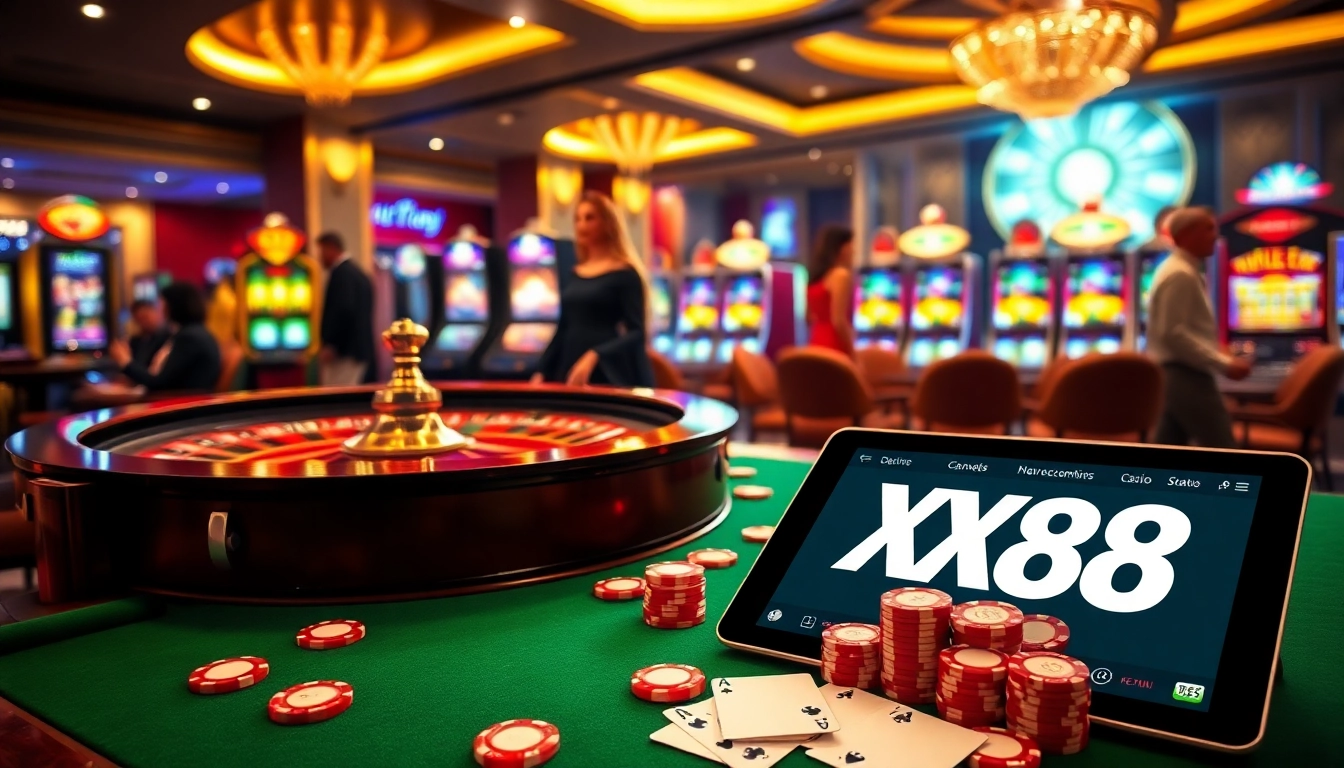 Engage with thrilling gaming action at XX88's vibrant casino featuring colorful poker chips and roulette table.