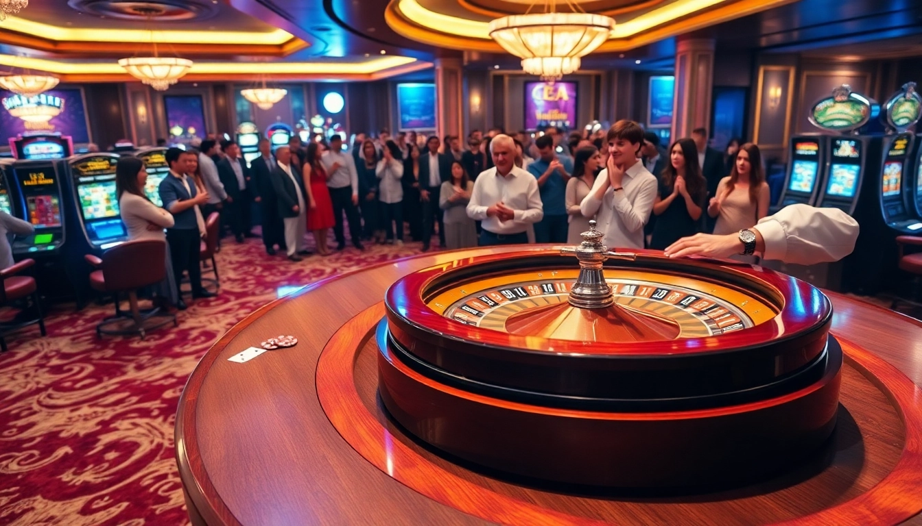 Experience excitement at https://nk88net.com/ with players cheering around a roulette wheel in a luxury casino.