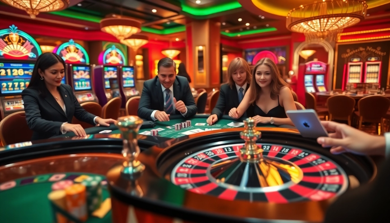 Bancadoithuong players strategizing at a vibrant casino table with poker chips and cards.