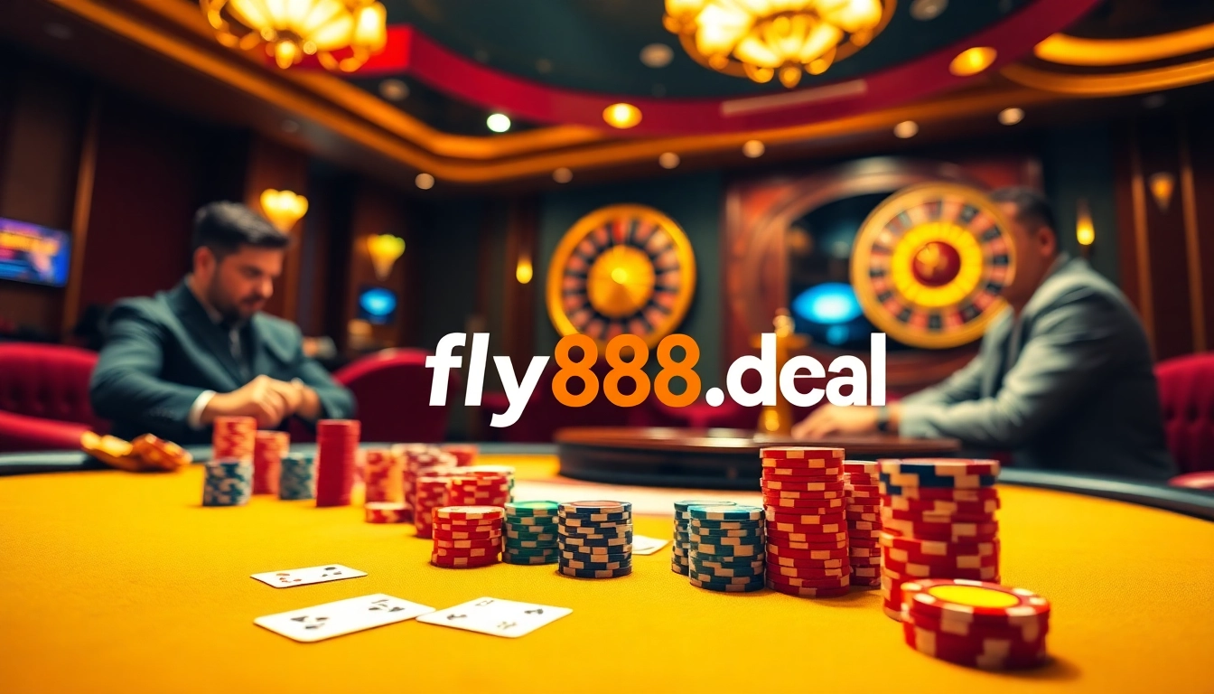Experience high-stakes action at fly88.deal with a vibrant casino scene featuring poker and roulette excitement.