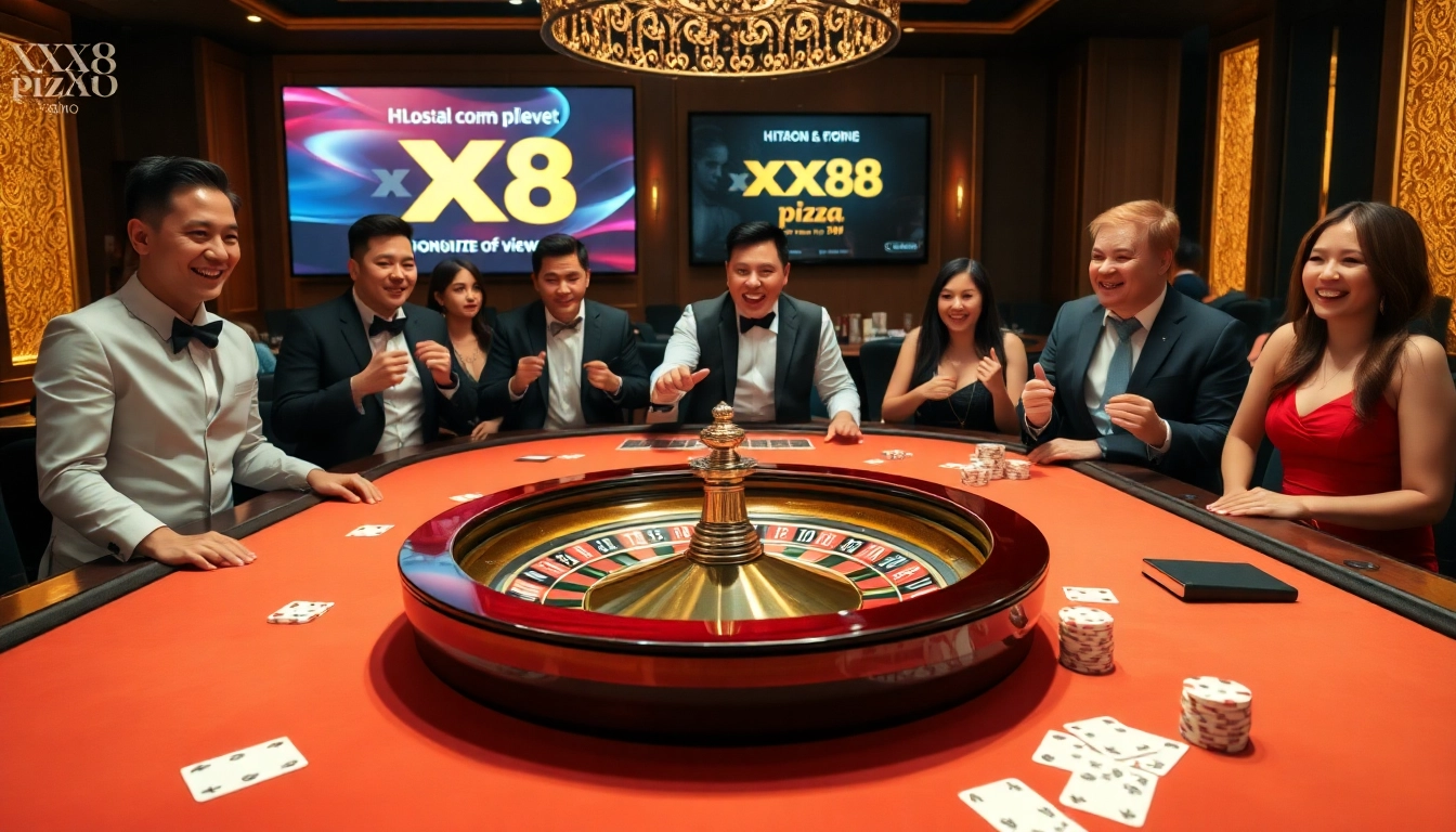 Engaging gamblers at the poker table in a luxurious casino setting showcasing https://xx88.pizza/ promotions.