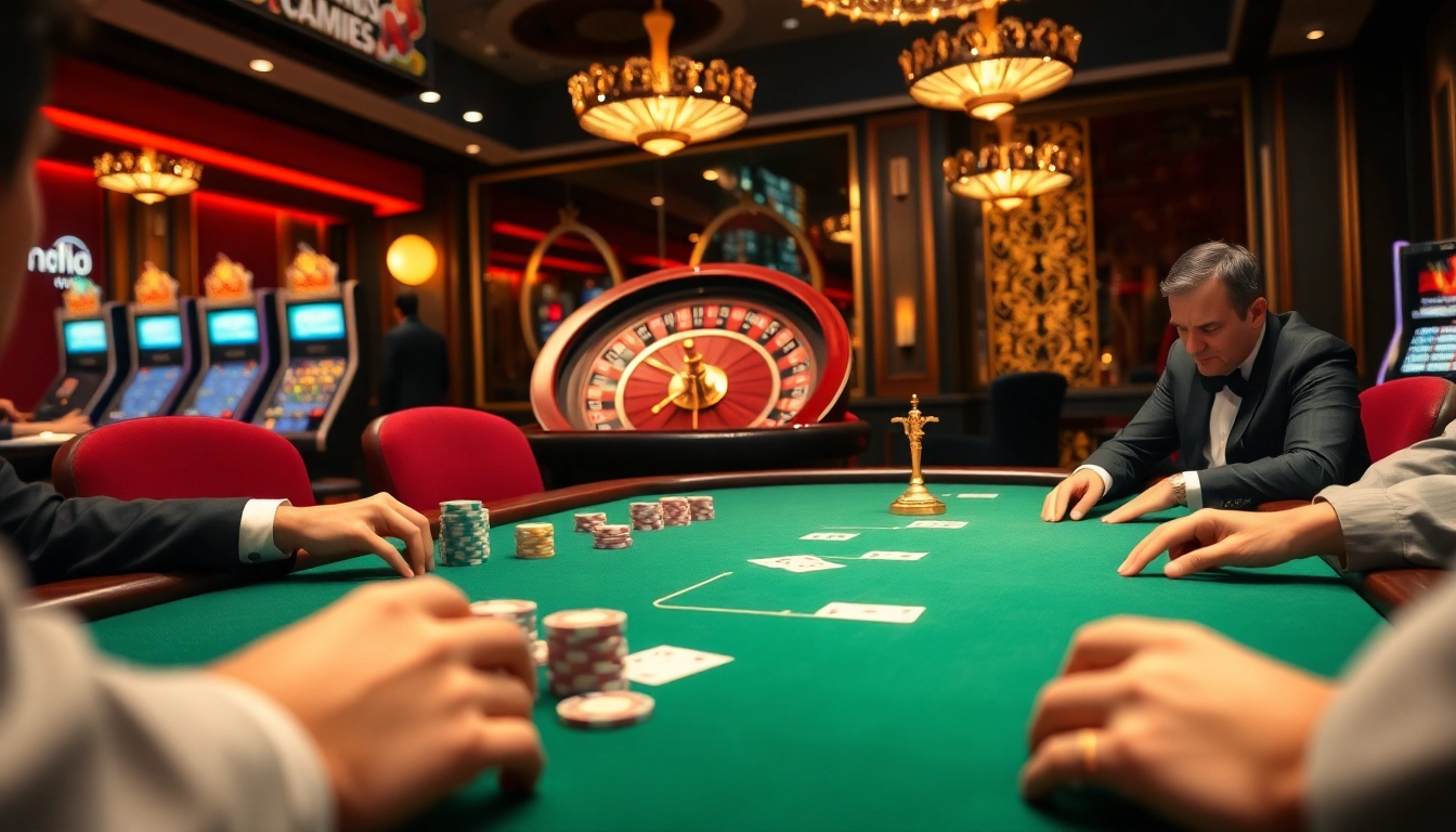 Nohu-themed poker table with players, casino chips, and roulette wheel in a luxurious gambling atmosphere.