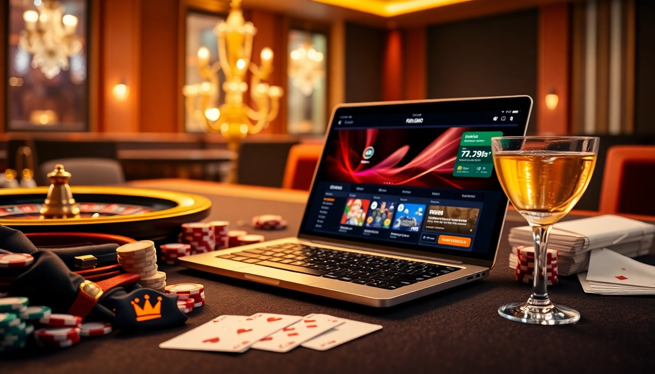 Gamble at RR88 with a luxurious casino scene featuring poker chips and a roulette wheel.