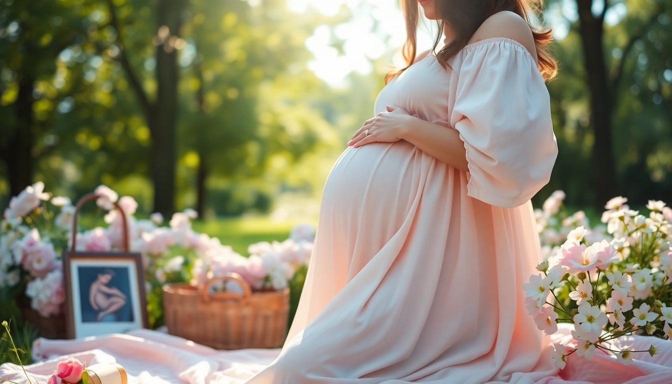 Professionelle Schwangerschaftsfotografie zeigt eine werdende Mutter im Freien, die sanft ihren Babybauch hält.