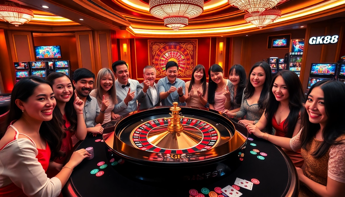 Exciting GK88 casino scene showcasing players at a roulette wheel with vibrant chips.
