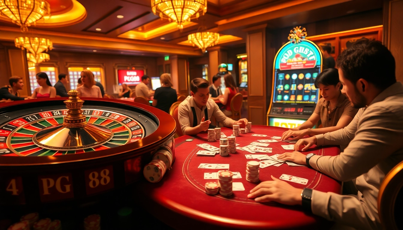 Players enjoy thrilling games at PG88 casino, with vibrant tables and intense gameplay.