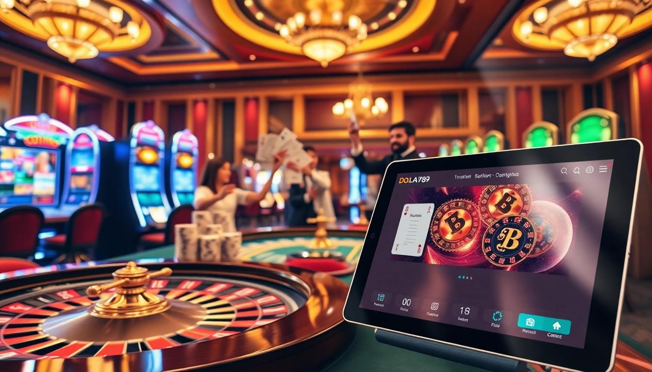 Experience high-stakes action in DOLA789 with vibrant casino elements and excited players.