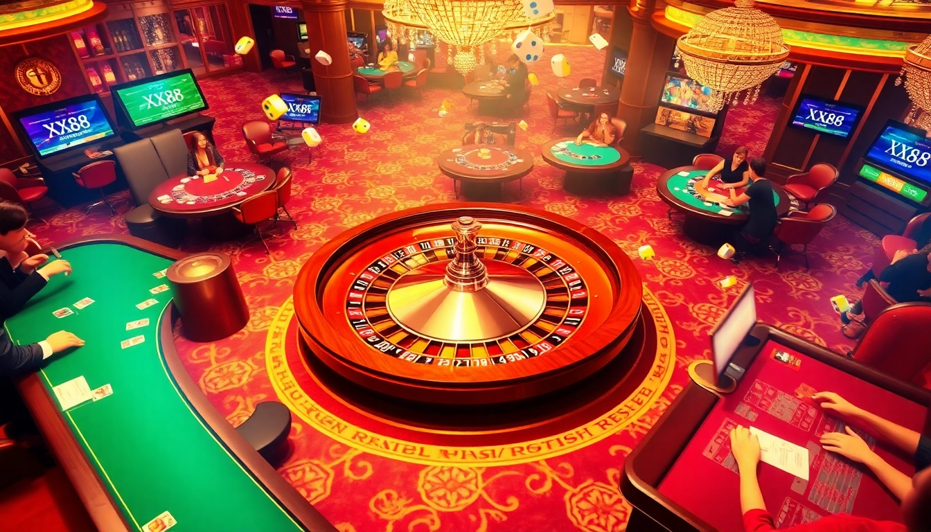 Experience the thrill of casino games at XX88 with poker tables and vibrant roulette wheels.