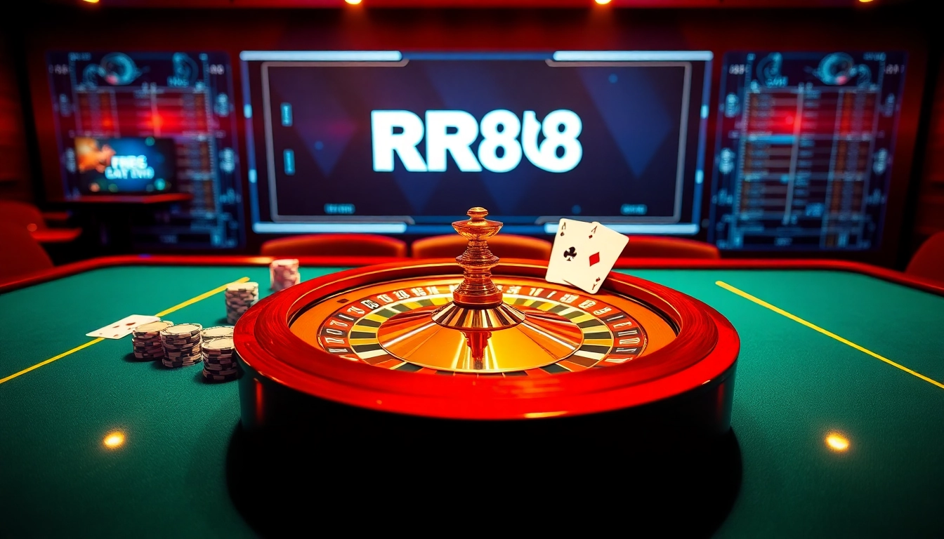 Experience the thrill of RR88 casino games with vibrant roulette wheels and poker chips in action.