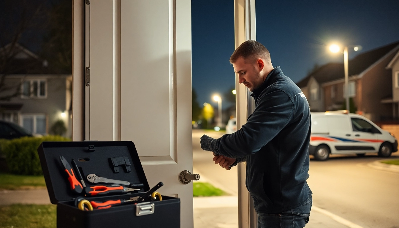 Erfahrener Schlüsseldienst-Monteur arbeitet an einer Tür mit fortschrittlichen Werkzeugen – Schlüsseldienst Mannheim, Zuverlässigkeit und Vertrauen betont.