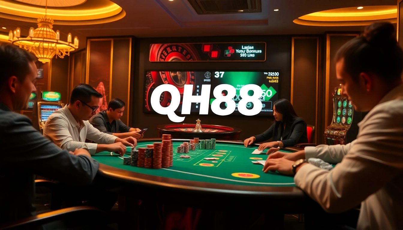 A vibrant casino table scene showcasing the excitement of qh88 betting with colorful poker chips and a roulette wheel.