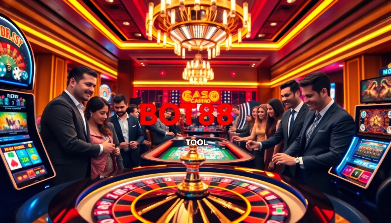 Experience the excitement of the BOT88 TOOL in a vibrant casino environment filled with roulette wheels and cards.