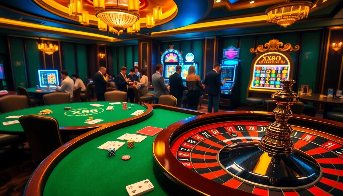 X88 casino players engaging in thrilling table games with vibrant atmosphere and luxurious decor.