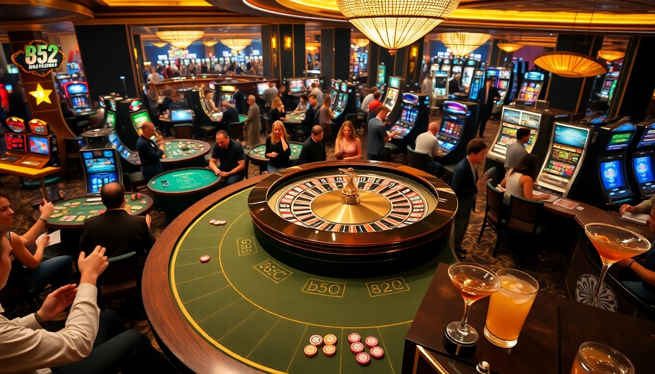 A lively casino scene featuring a roulette table, highlighting b52-themed cocktails amidst excited players.