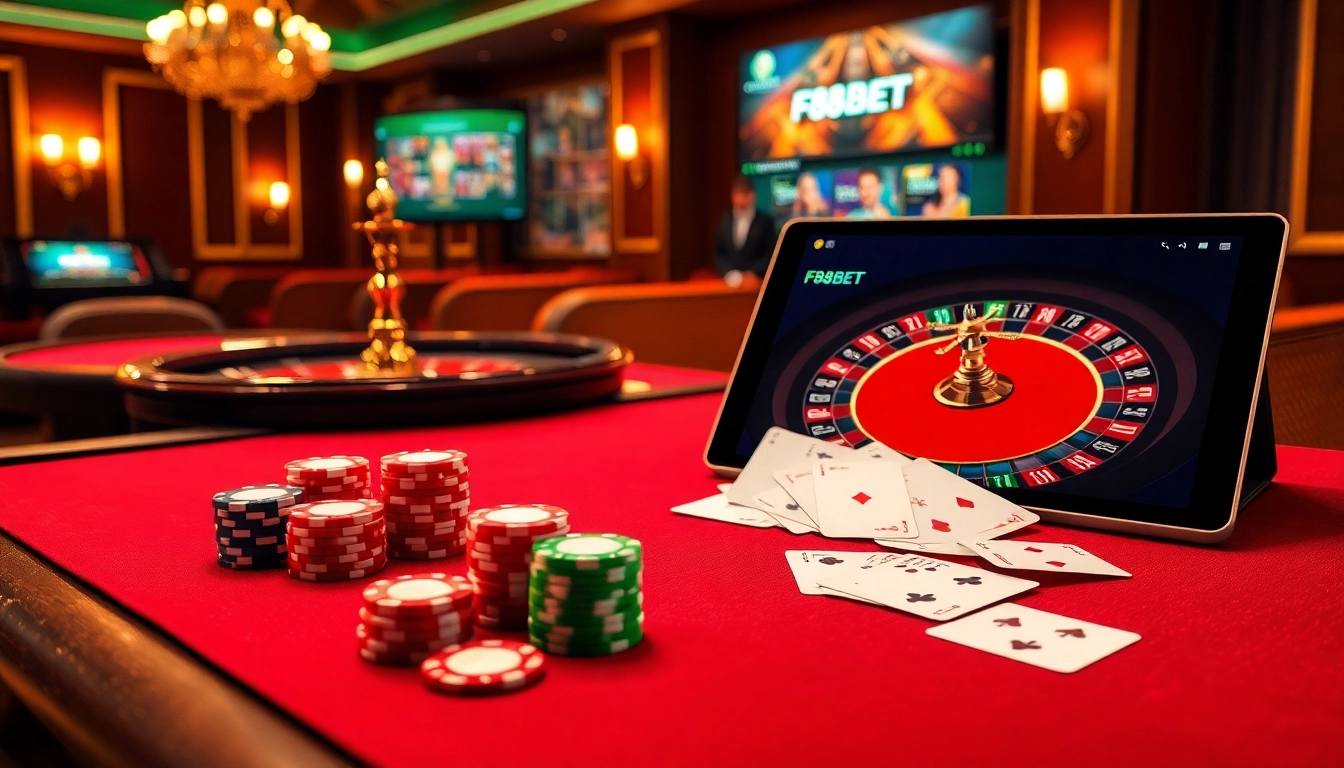 Experience thrilling gameplay at F88BET with vibrant casino visuals highlighting poker chips and roulette.