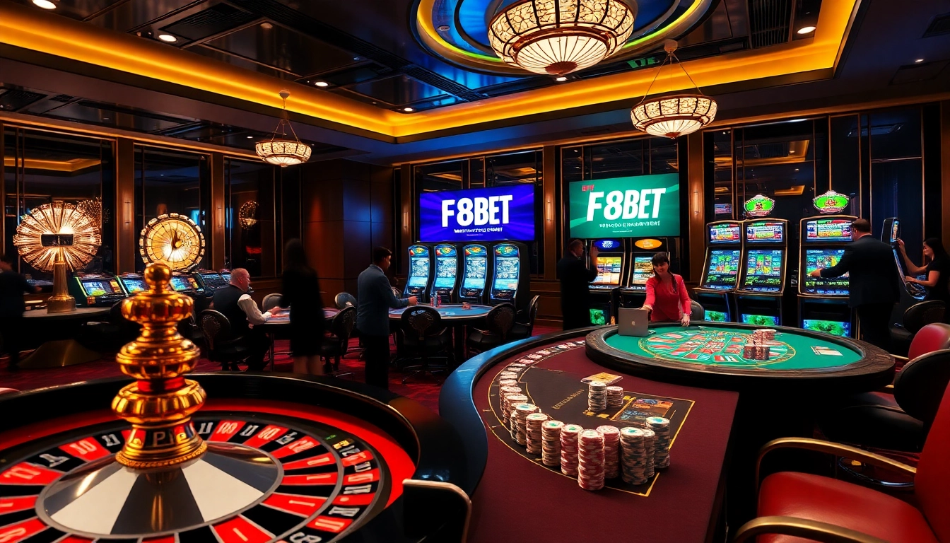 Experience the excitement of F88BET with a stylish casino scene featuring a roulette wheel and blackjack table.