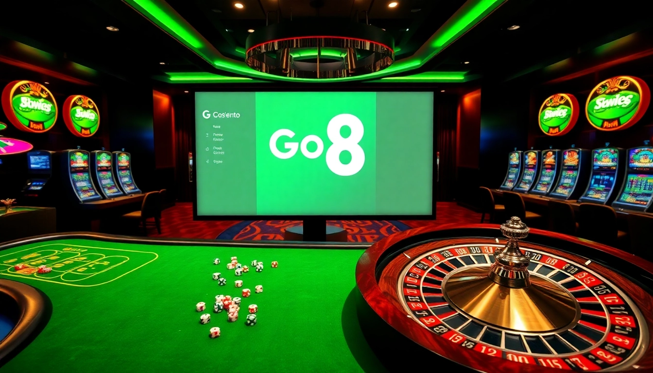 Experience vibrant gambling excitement with Go8's online casino interface, showcasing casino tables and slot machines.
