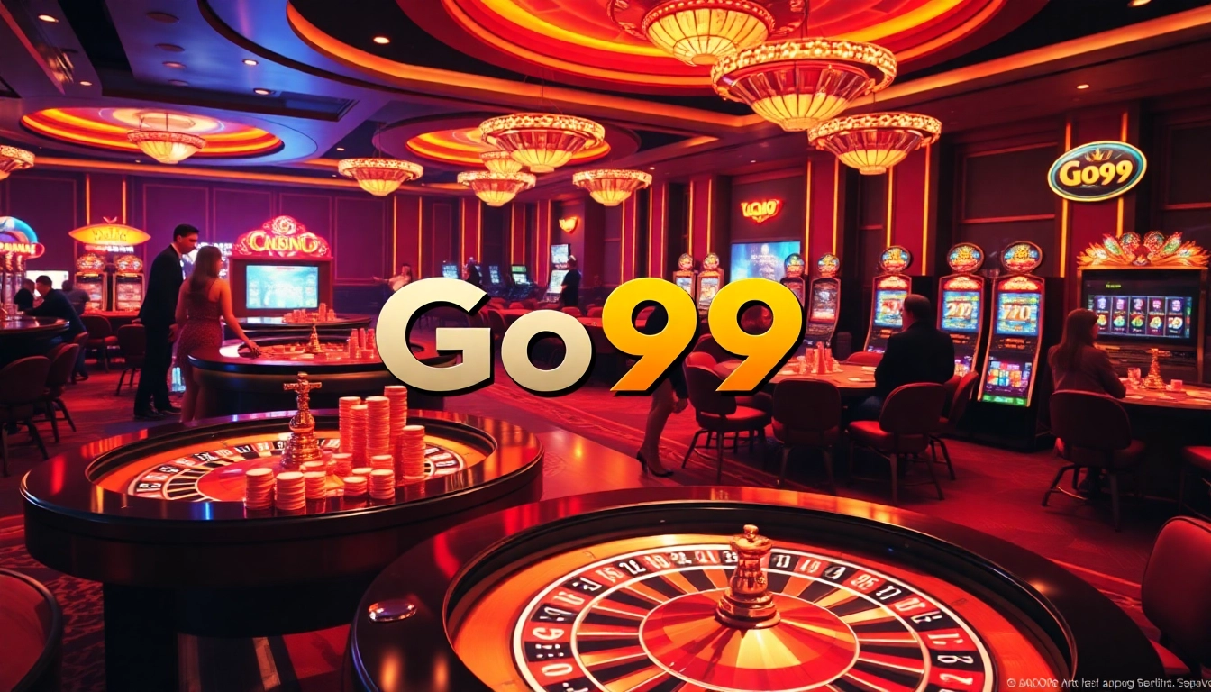 Exciting Go99 casino experience featuring players at roulette tables and slot machines.
