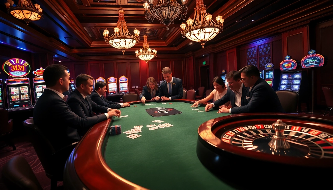 Players experience a thrilling game of poker at the lavish 33win casino table, surrounded by excitement.