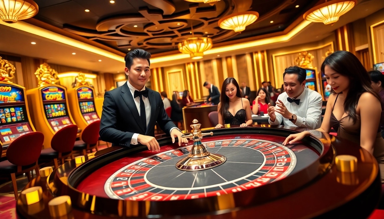 Players enjoying an exciting roulette game at GO99 Trang Chủ casino, capturing the vibrant atmosphere and elegant design.