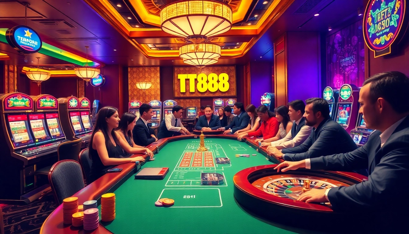 Experience the excitement at TT88, featuring vibrant casino scenes with tables and slot machines.