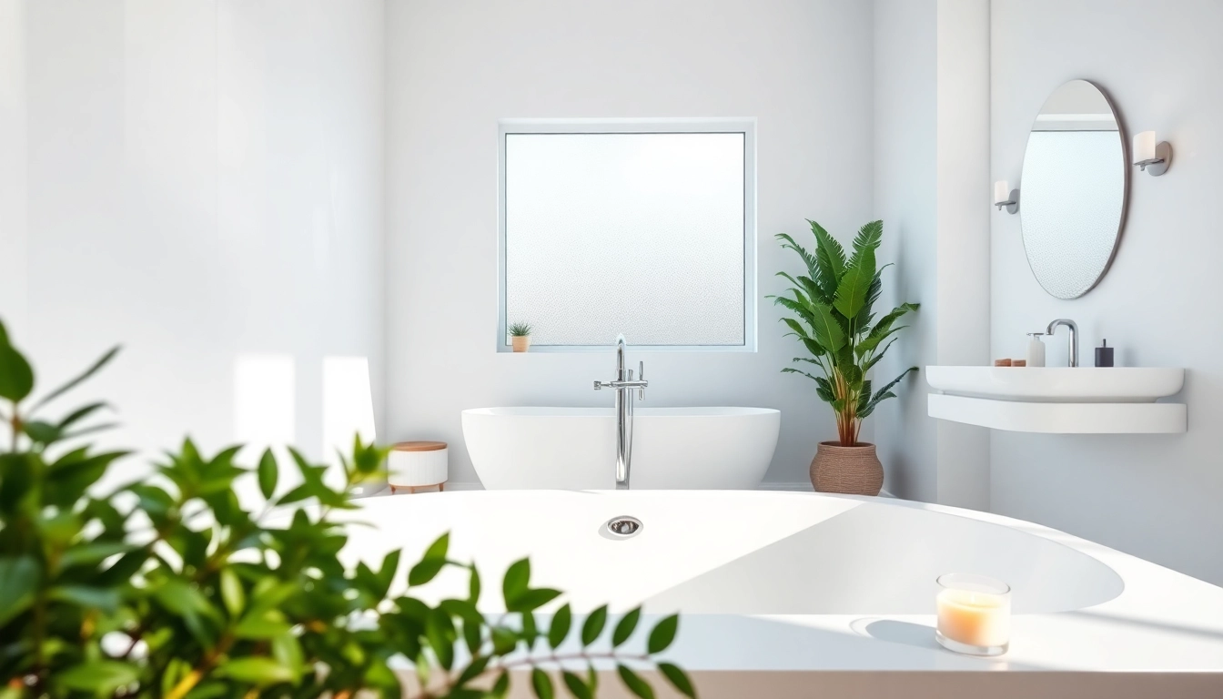 Transform your bathroom remodeling with a serene, modern design featuring a sleek bathtub and natural elements.