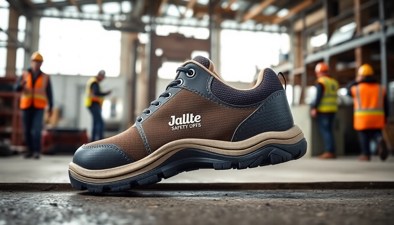 Jallatte Sicherheitsschuhe, die in einer Baustellenumgebung präsentiert werden, mit Fokus auf Haltbarkeit und Sicherheitsmerkmale.