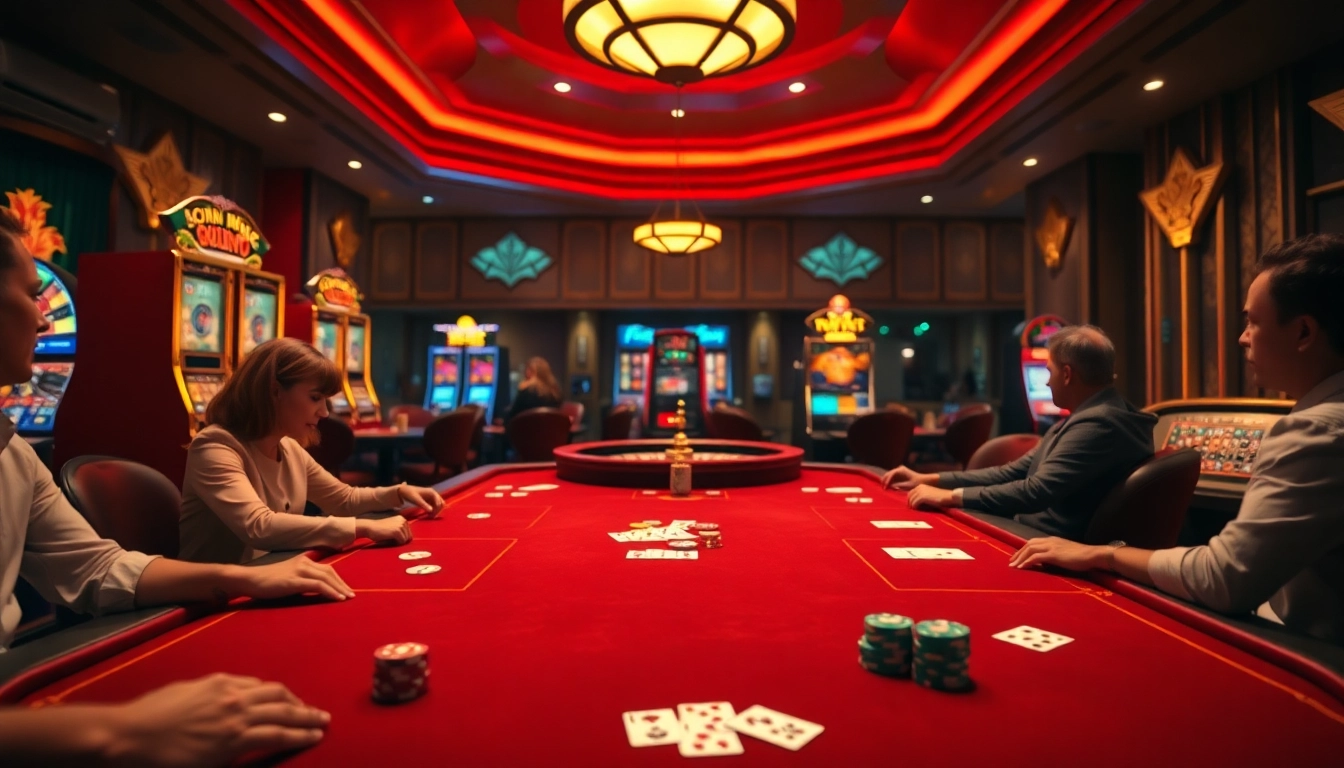 Engage with thrilling games at https://nohu90me.com/ in a vibrant casino setting with colorful chips and tables.