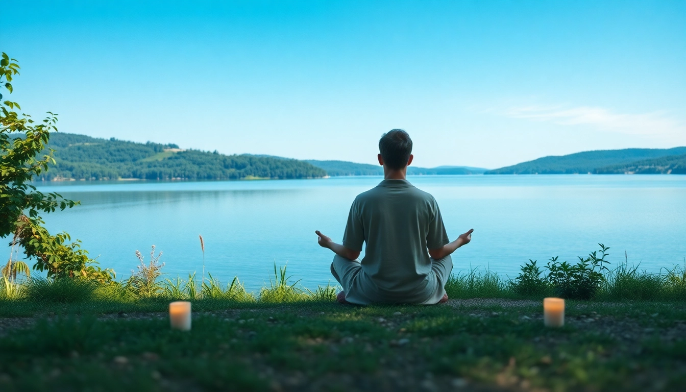 Enhance emotional wellbeing through meditation in a serene natural setting by a tranquil lake.