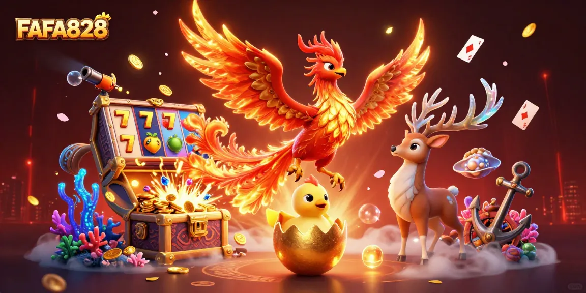 Engage your luck with FAFA828 as a phoenix rises amidst slots and treasures.